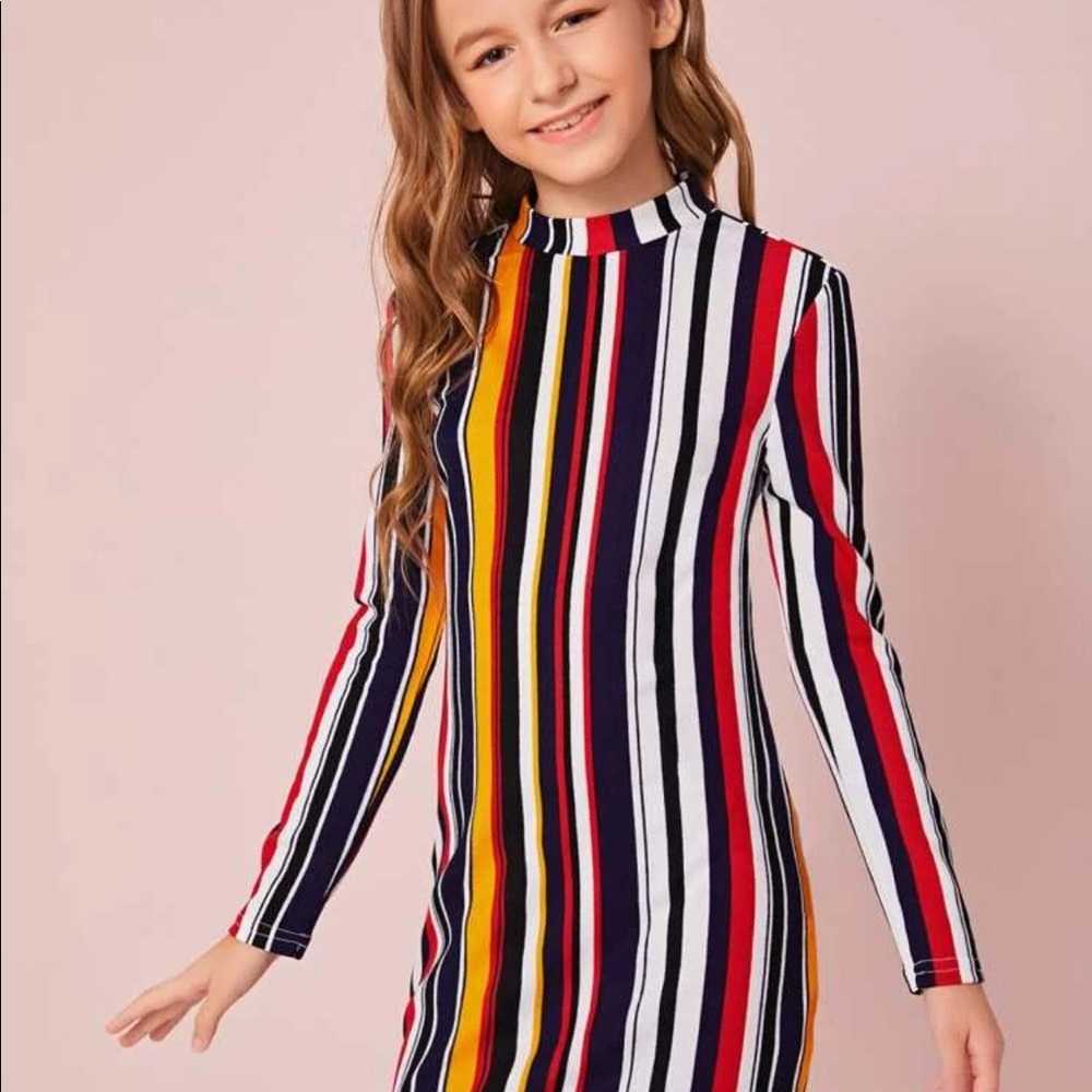 Girls Mock Neck Colorful Striped Dress